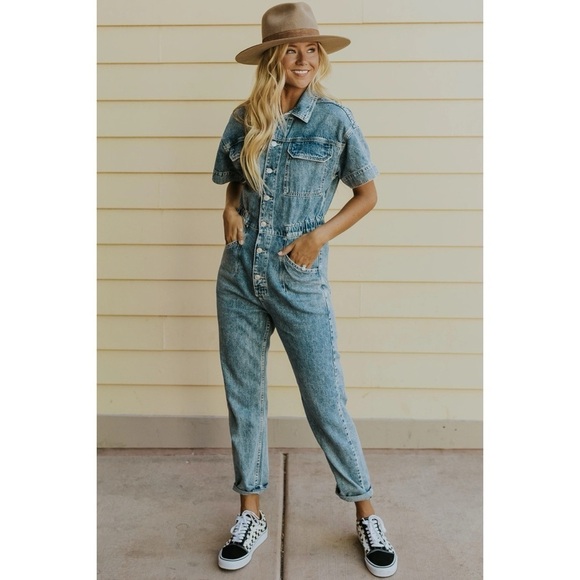 NWT Free People Marci Coverall Denim Jumpsuit Powder Blue - Picture 3 of 16